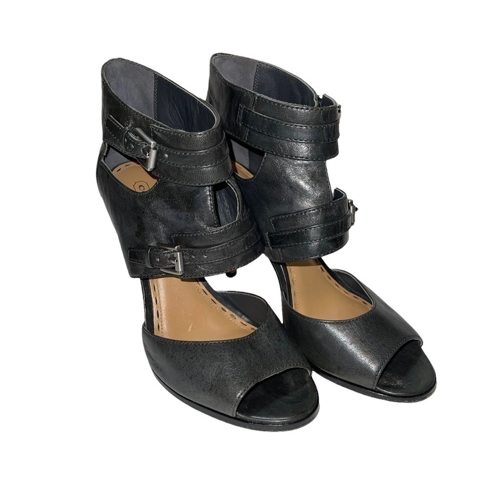 Coach  Filomena Vachetta Black leather moto style Peep Toe Woman Shoes Size 8
